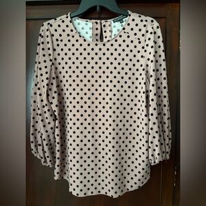Adriana Papell Pink top with black polka dots.